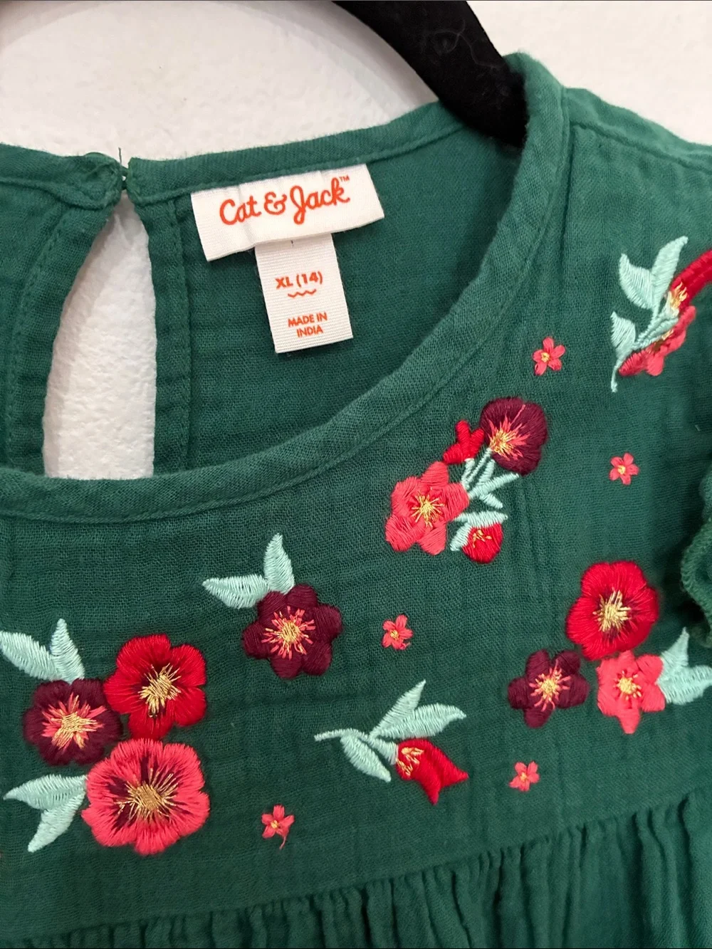 Cat & Jack Emerald Green Floral-Embroidered Long Sleeve Dress